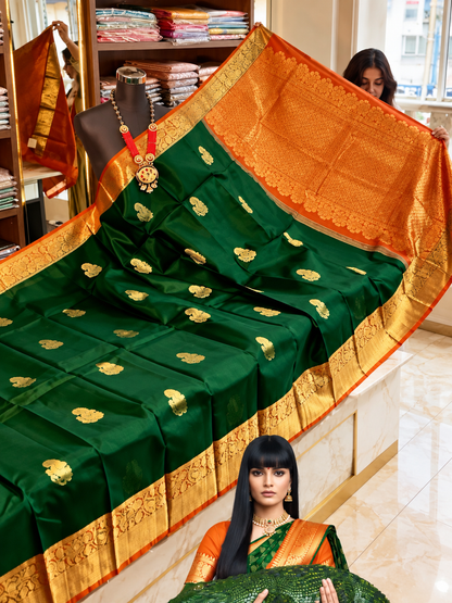 Attractive Dark Green Soft Banarasi Silk Saree with Lovely Blouse Piece