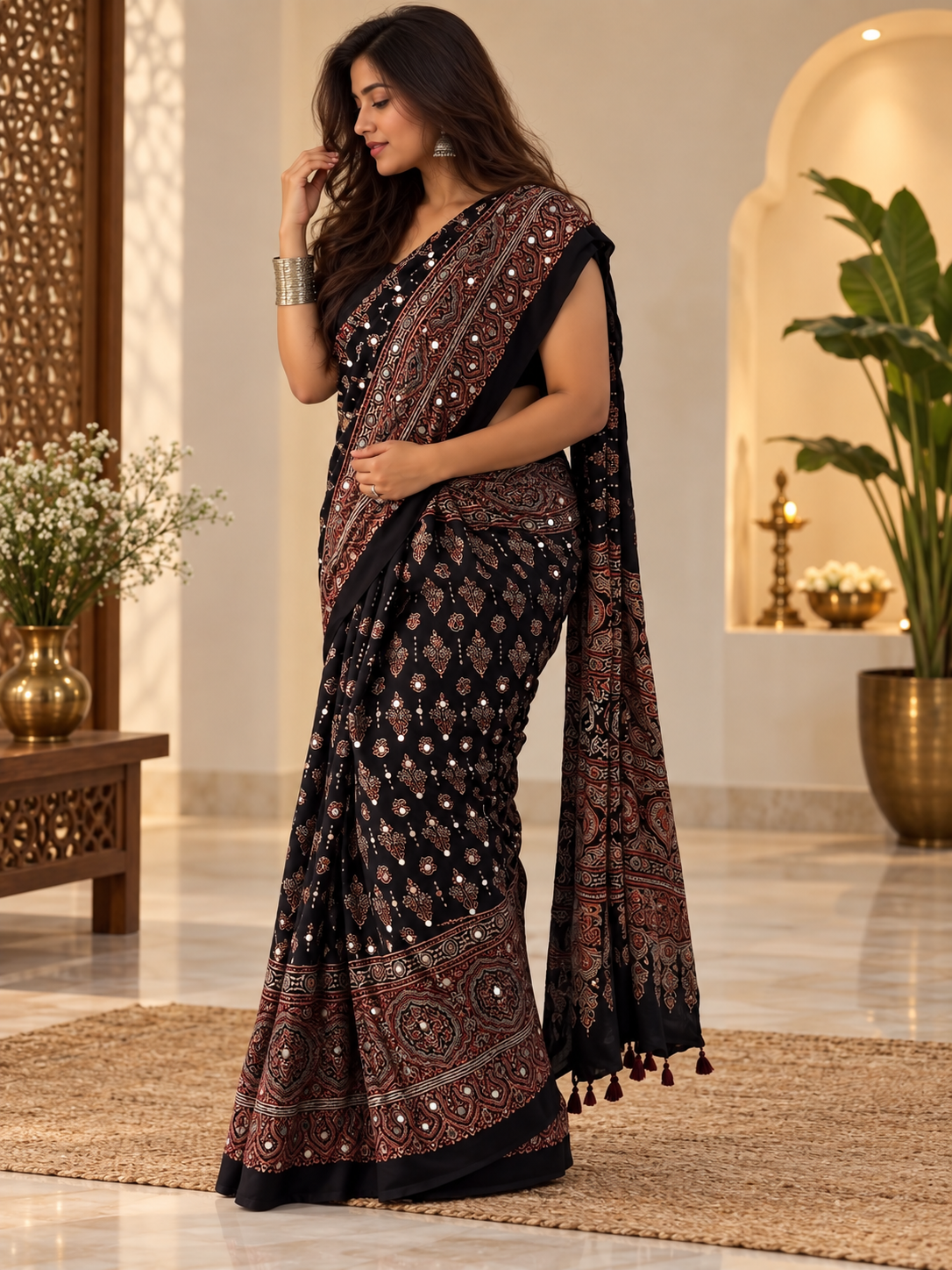 Elegant Black Ajrakh Hand-Block Printed Gajji Silk Saree with Tassels