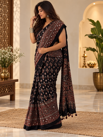 Elegant Black Ajrakh Hand-Block Printed Gajji Silk Saree with Tassels
