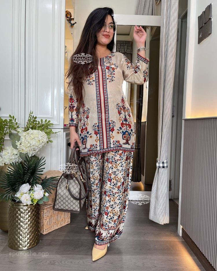 Elegant Floral Printed Soft Cotton Co-Ord Set with Wide-Leg Palazzo Pants