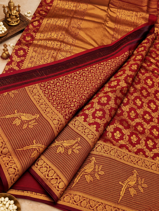 Premium Maroon Banarasi Silk Saree with Exuberant Blouse Piece