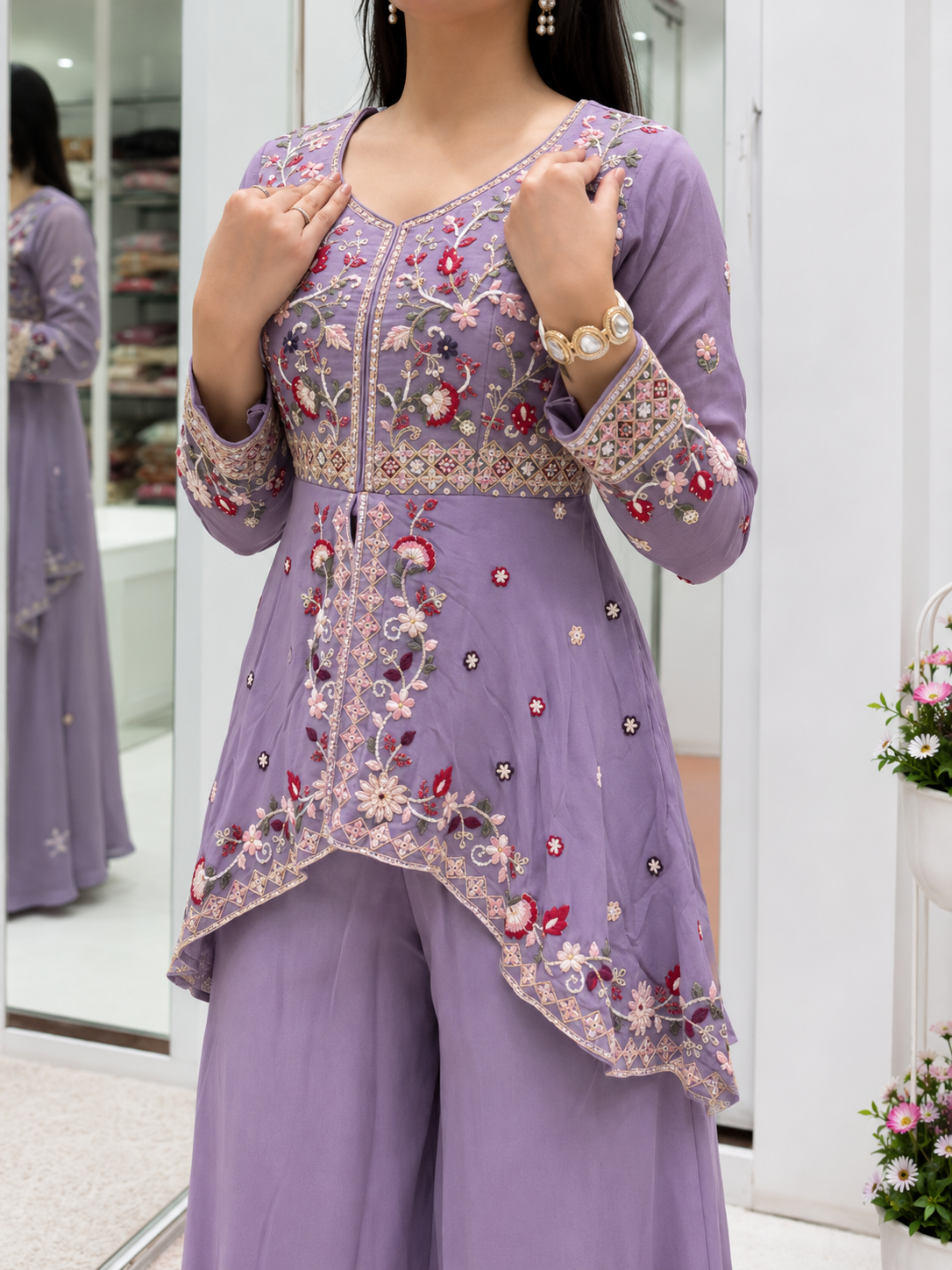 Very Beautiful Lavender Rangoli Silk Embroidered Suit Set