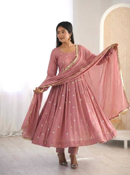 Premium Roman Silk Embroidered Anarkali Suit Set