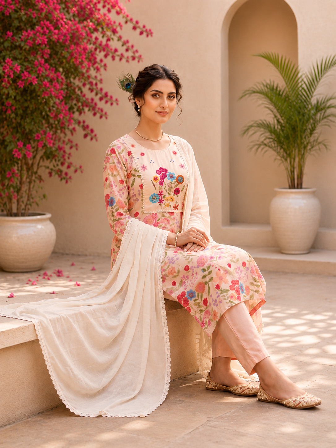 Catchy Peach Blossom Pure Linen Cotton Embroidered Suit Set