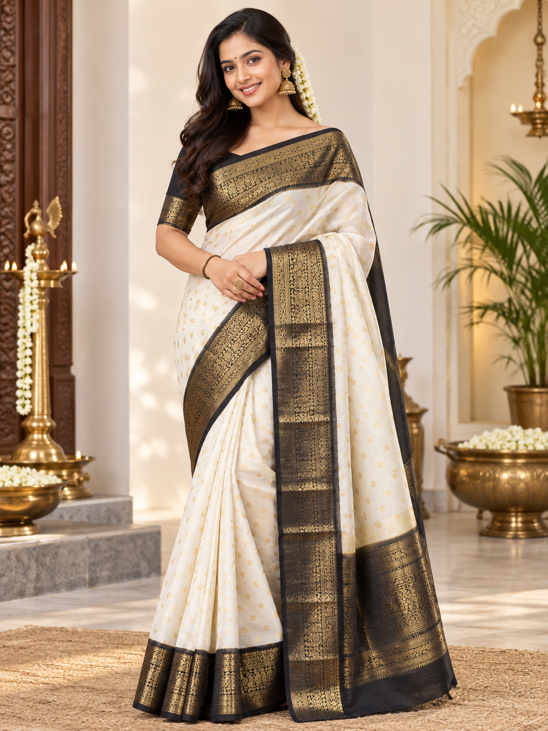 Beautiful Off-White Woven Soft Banarasi Silk Saree with Black and Gold Zari Border