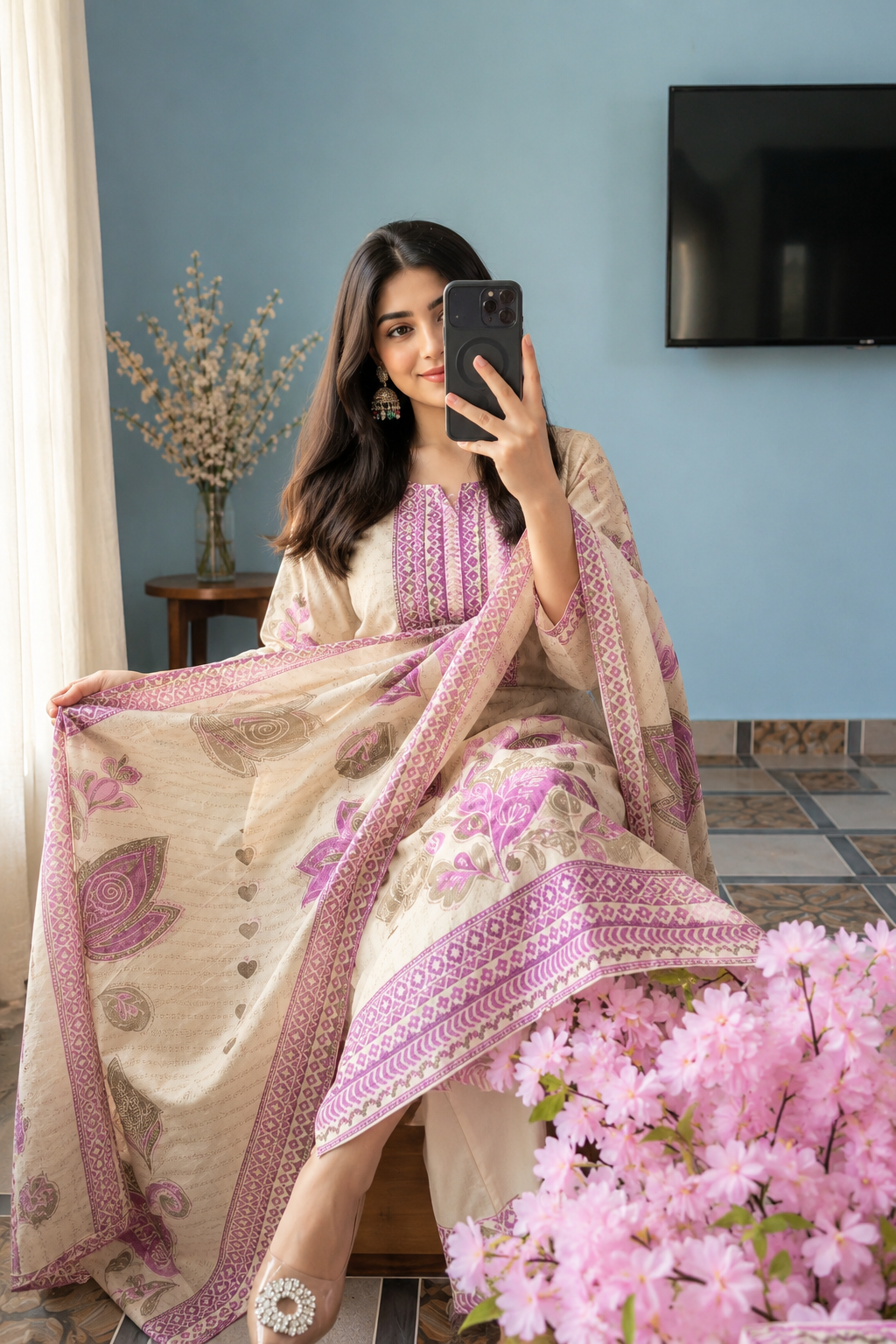 Very Attractive Pure Soft Raspberry Silk Suit Set with Floral Prints and Tassels