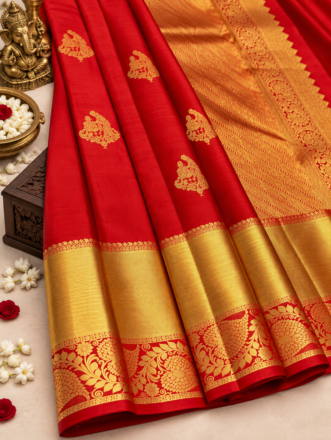 Premium Red Handwoven Pure Silk Saree with Korvai Gold Border