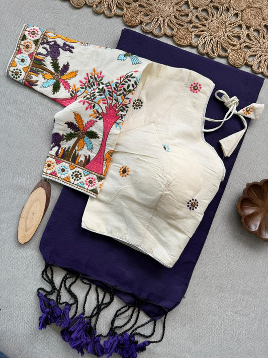 Dharma Exclusive - Navy Blue Handloom Cotton Saree With Havy Embroidery Stitched Blouse