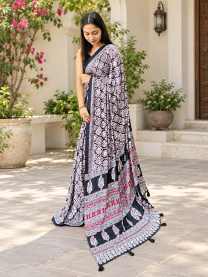Beautiful Black Semi Gajji Silk Ajrakh Print Saree with Real Mirror Work