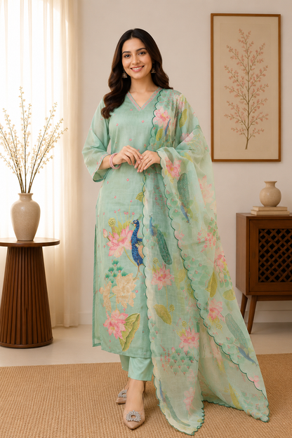 New Designer Mint Green Linen Cotton Suit Set with Handwork