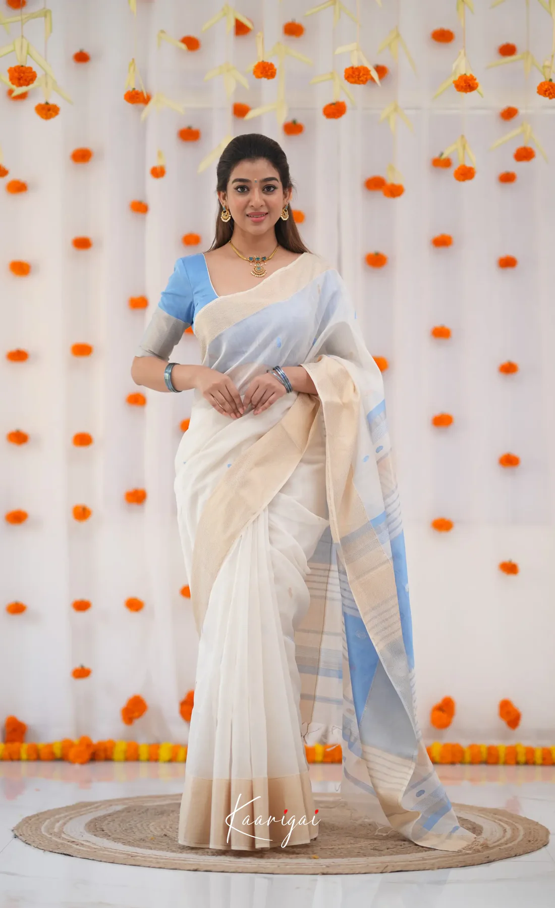 Ivory White & Sky Blue Handloom Style Cotton Saree with Soft Contrast Pallu