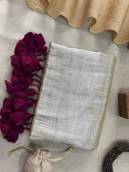 Off White Dual Tone Handloom Raga Tissue Saree With Pink Tassels