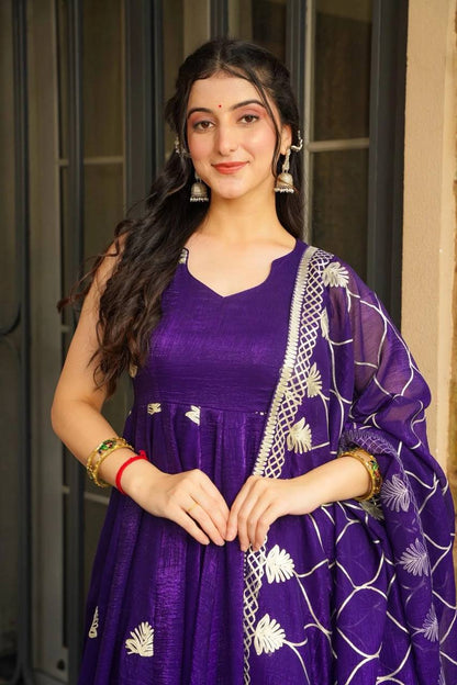 Royal Purple Fendy Silk Embroidered Anarkali Gown Set with Palazzo and Dupatta