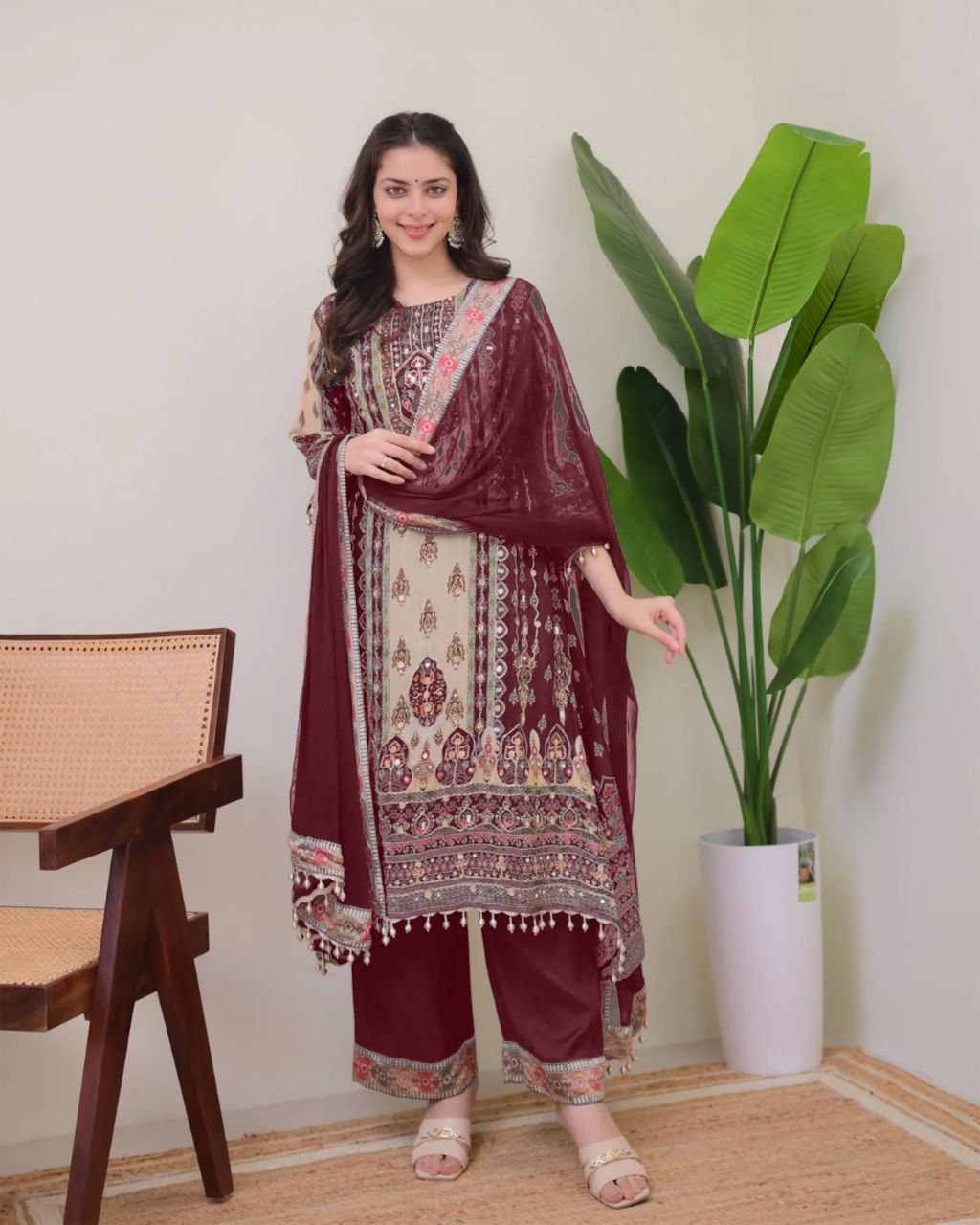 Designer Wine & Beige Shimmer Suit Set with Fancy Mirror Work