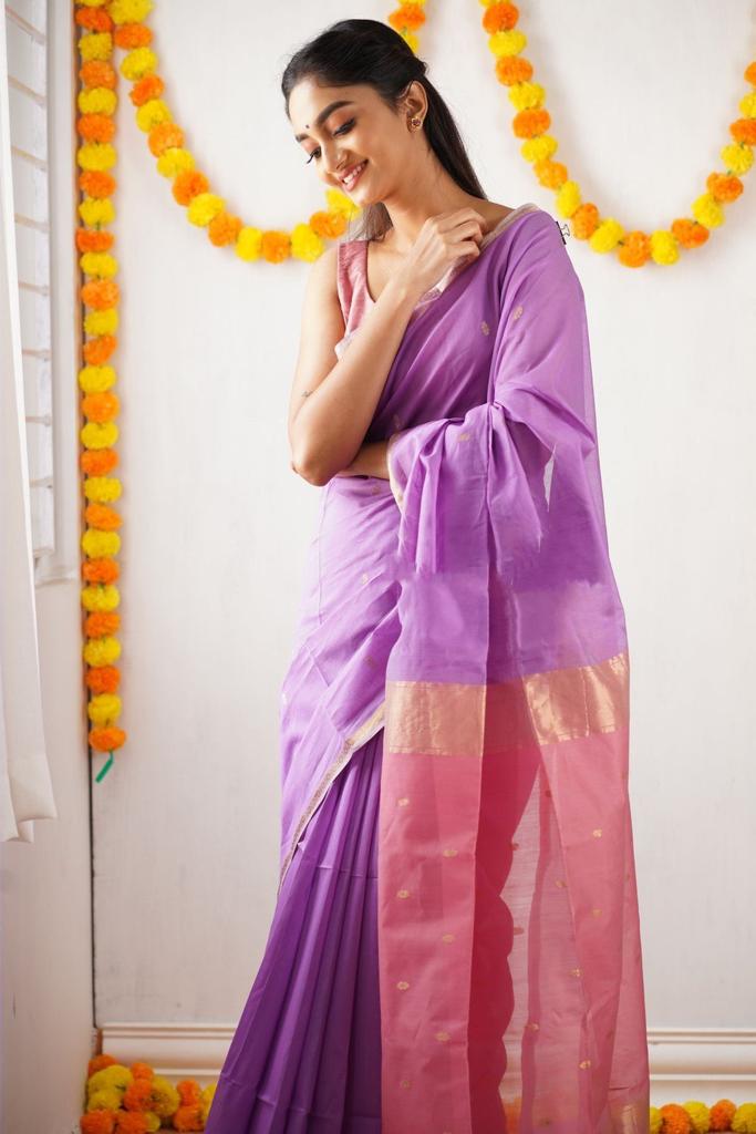Beautiful Lavender Cotton Silk Saree With Marvellous Blouse Piece