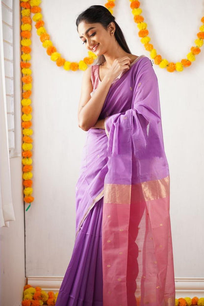 Beautiful Lavender Cotton Silk Saree With Marvellous Blouse Piece