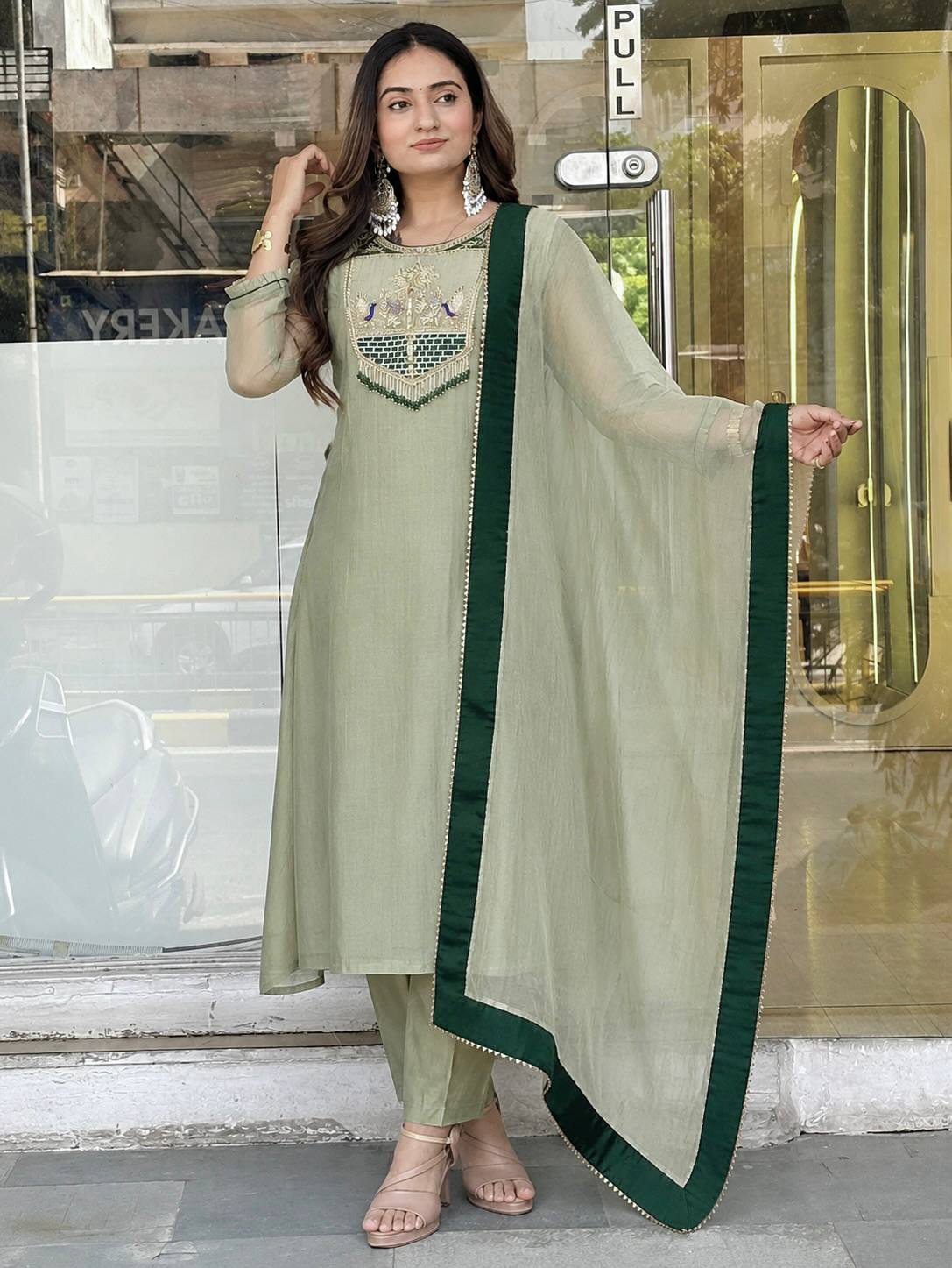 Very Attractive Pastel Sage Green Pure Salsa Silk Embroidered Anarkali Suit Set