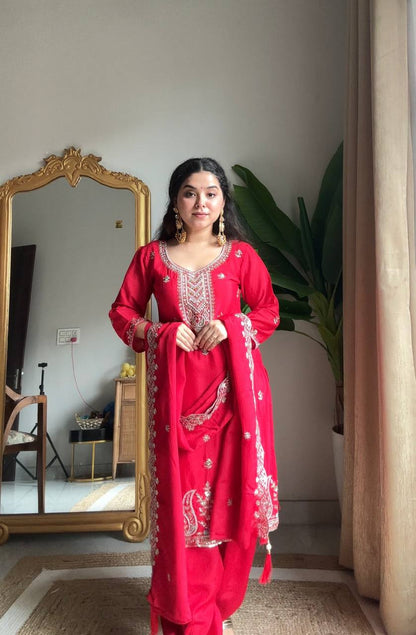 Ruby Red Chinon Silk Embroidered Salwar Suit Set with Sequin Work