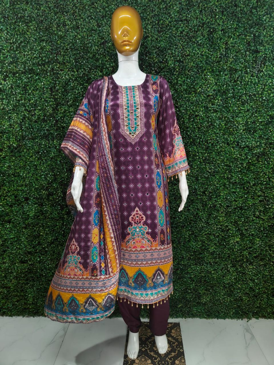 Premium Violet Printed Chinon Suit Set with Fancy Mirror Work