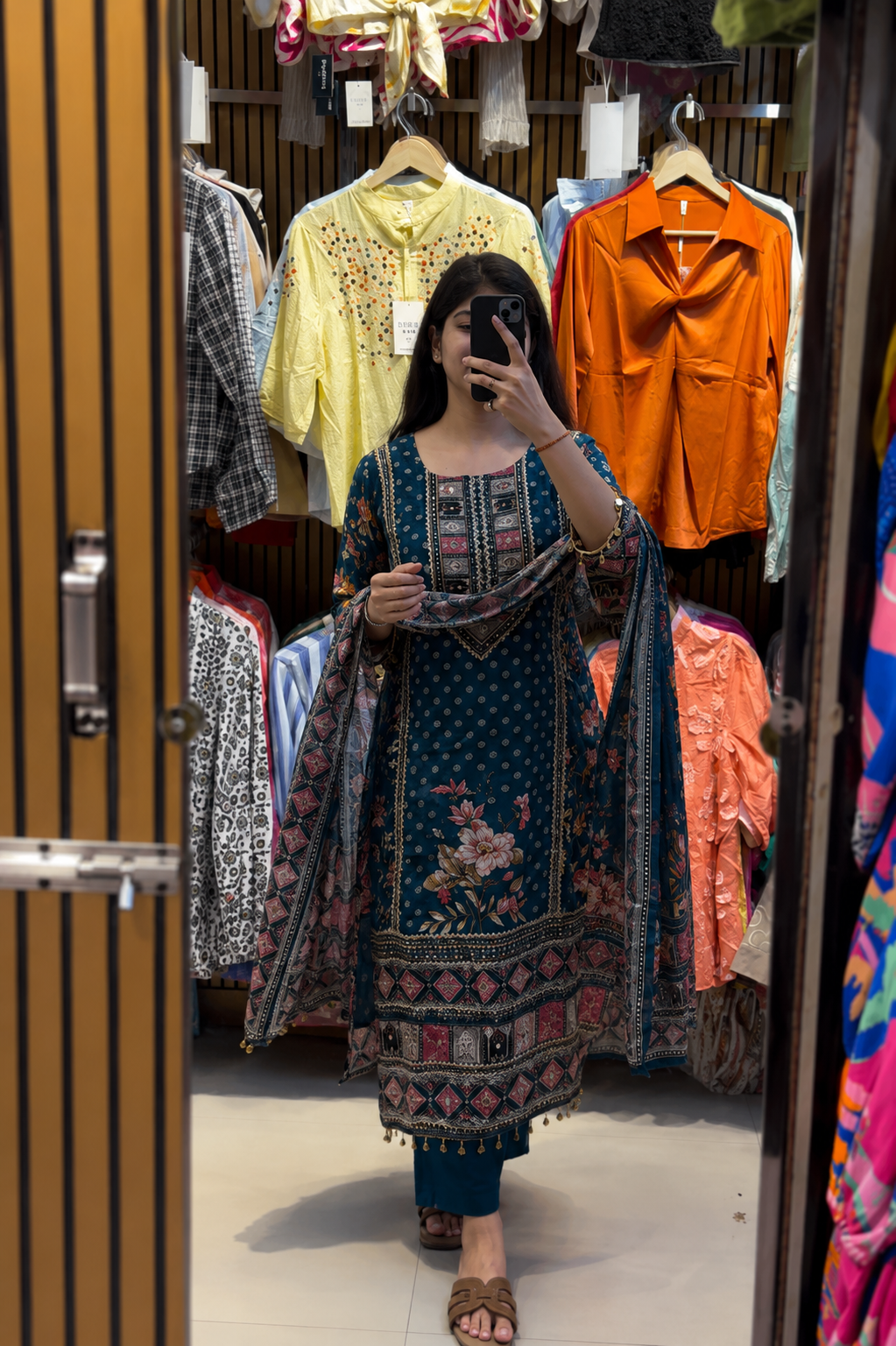 Attractive Prussian Blue Chinon Salwar Suit Set With Mirror Work
