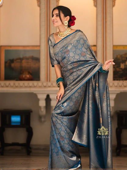 Trendy Blue Soft Silk Saree With Admirable Blouse Piece