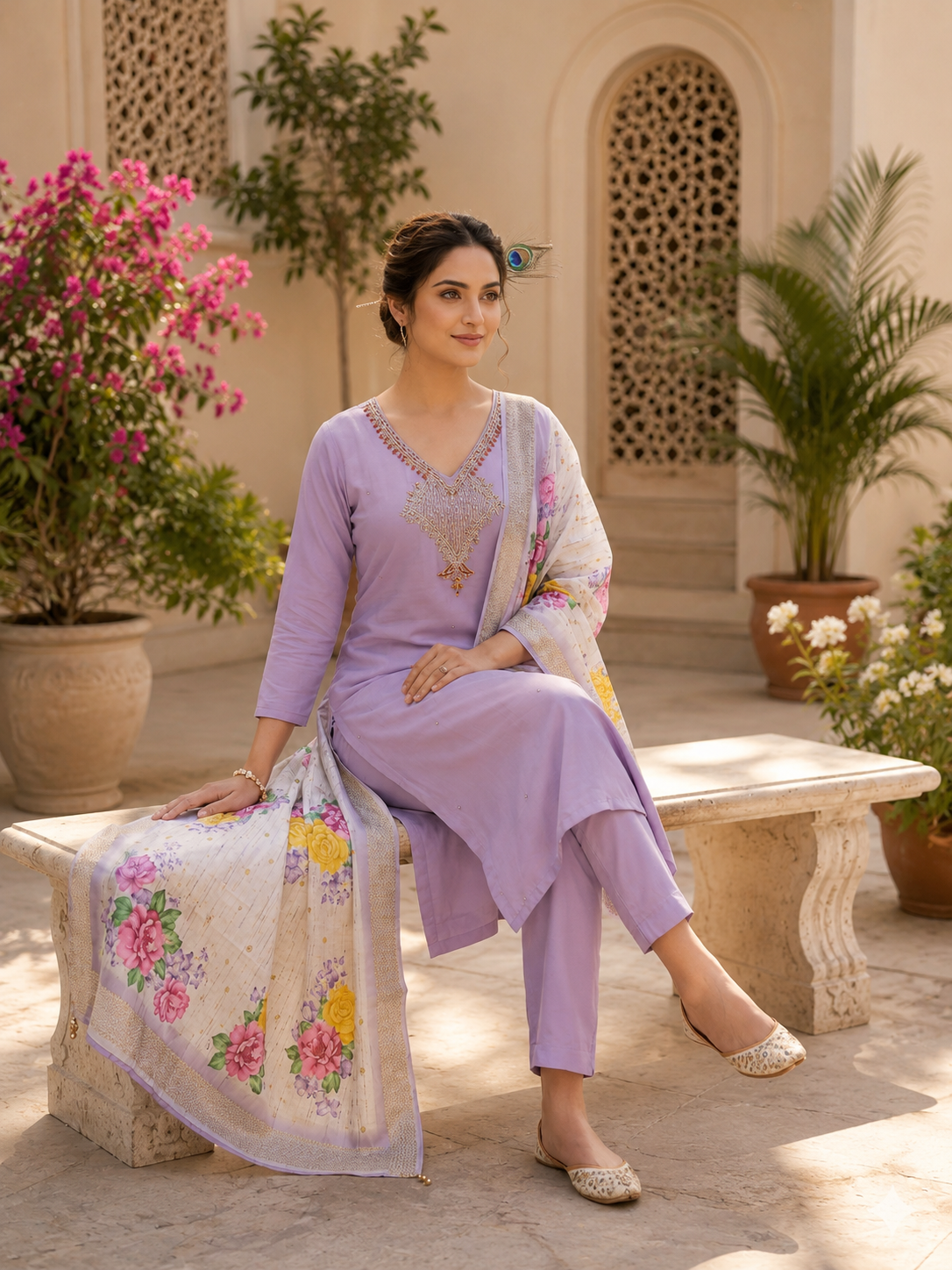 Elegant Lavender Premium Mul Chanderi Hand-Work Suit Set with Floral Dupatta