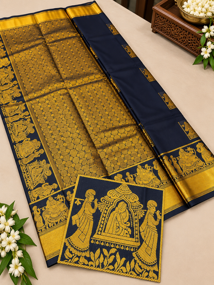 Royal Navy Blue Banarasi Silk Saree With Deserving Blouse Piece