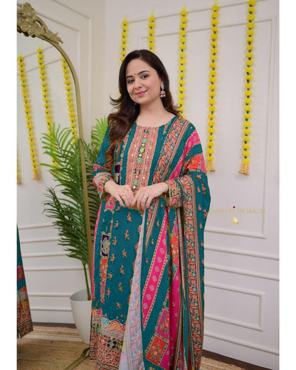 Premium Royal Multi Printed Muslin Suit Set with Embroidered Yoke