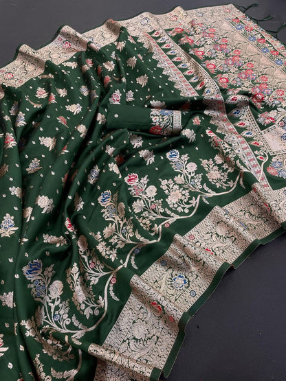 Very Elegant Green Woven Silk Saree with Gold Zari Floral Weave