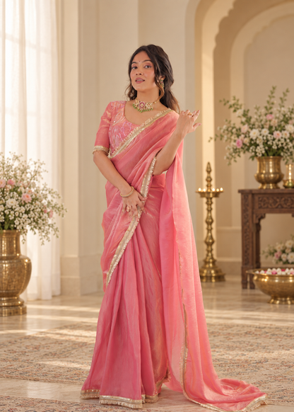 Elegant Rose Pink Fendy Silk Saree With Fancy Lace Work