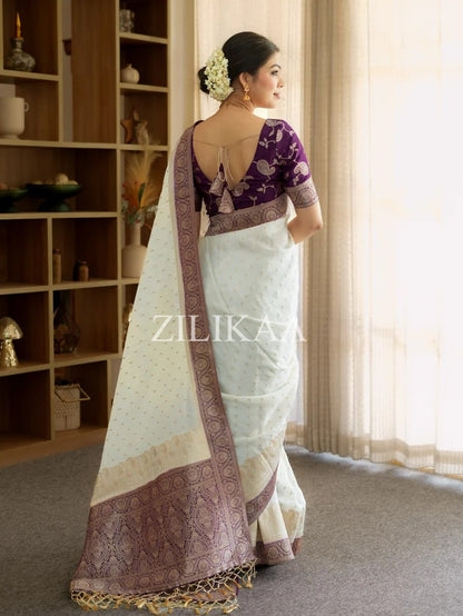 Girlish Beige Soft Silk Saree With Outstanding Blouse Piece