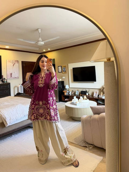 Very Attractive Magenta Floral Embroidered French Crepe Tunic Set