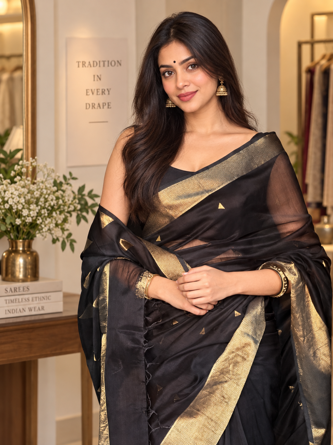 Premium Black Linen Silk Saree with Antique Gold Zari Border