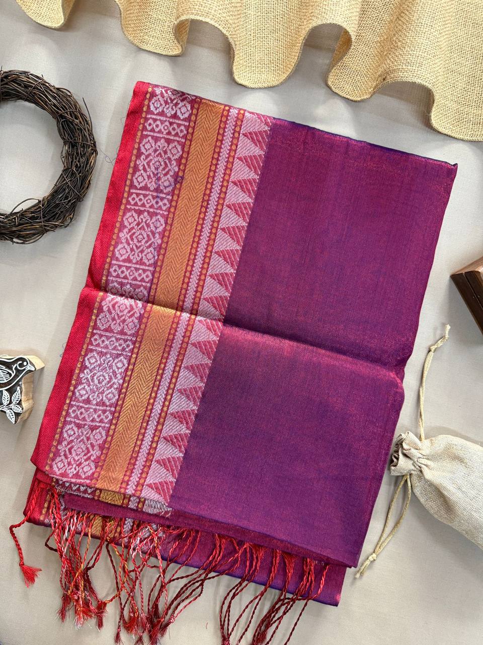 ATTRACTIVE - WINE TEMPLE DESIGNE HANDLOOM TISSUE COTTON SAREE