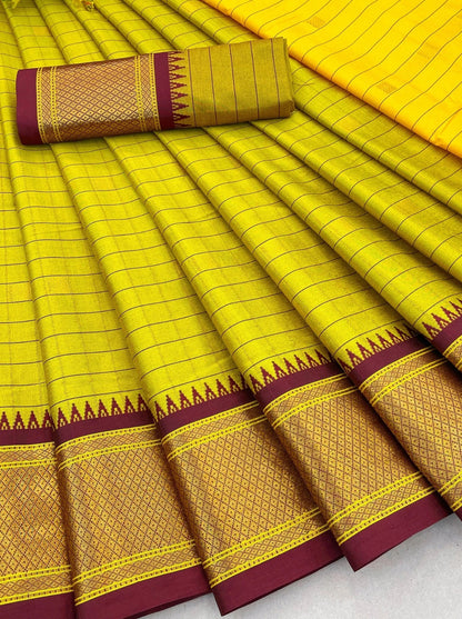 Exclusive Yellow & Maroon Chex Woven Cotton Silk Saree With Gold Zari Waving Work