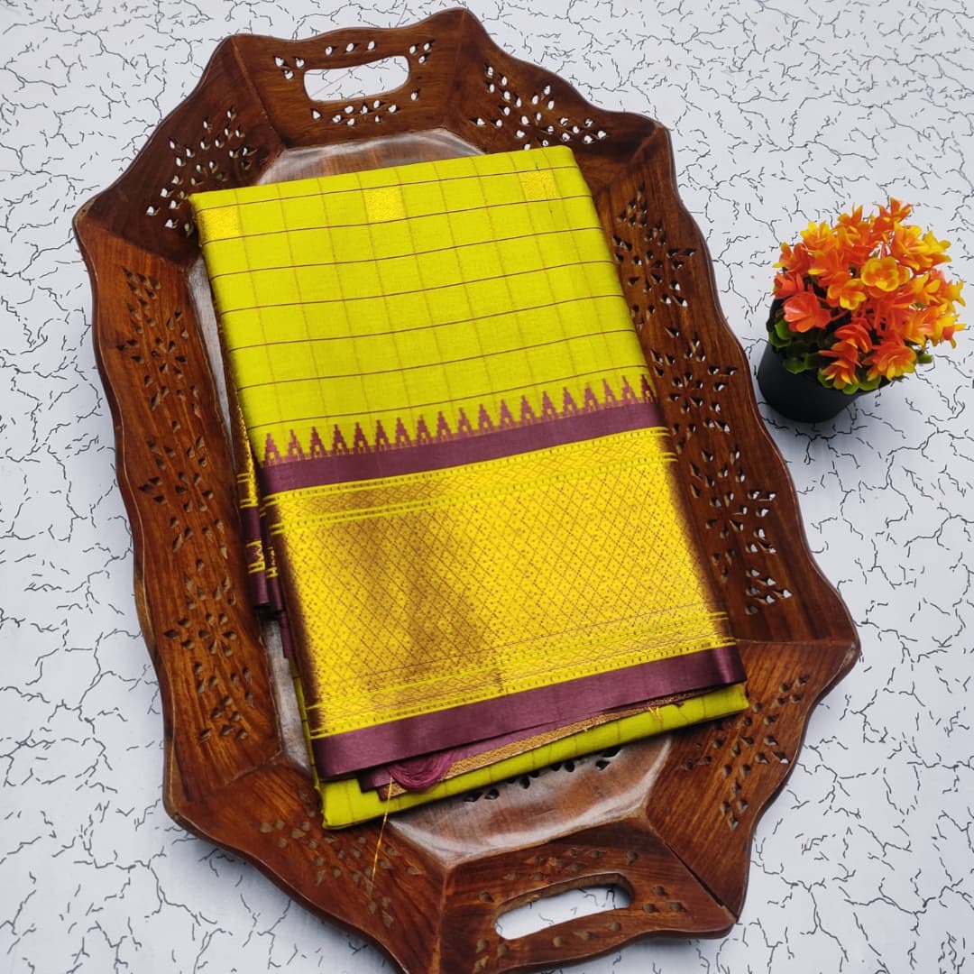 Exclusive Yellow & Maroon Chex Woven Cotton Silk Saree With Gold Zari Waving Work