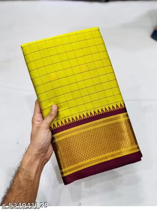 Exclusive Yellow & Maroon Chex Woven Cotton Silk Saree With Gold Zari Waving Work