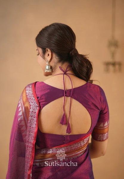 ATTRACTIVE - WINE TEMPLE DESIGNE HANDLOOM TISSUE COTTON SAREE