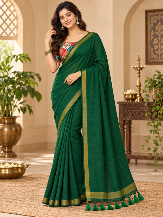 Emerald Forest Green Handloom Cotton Saree