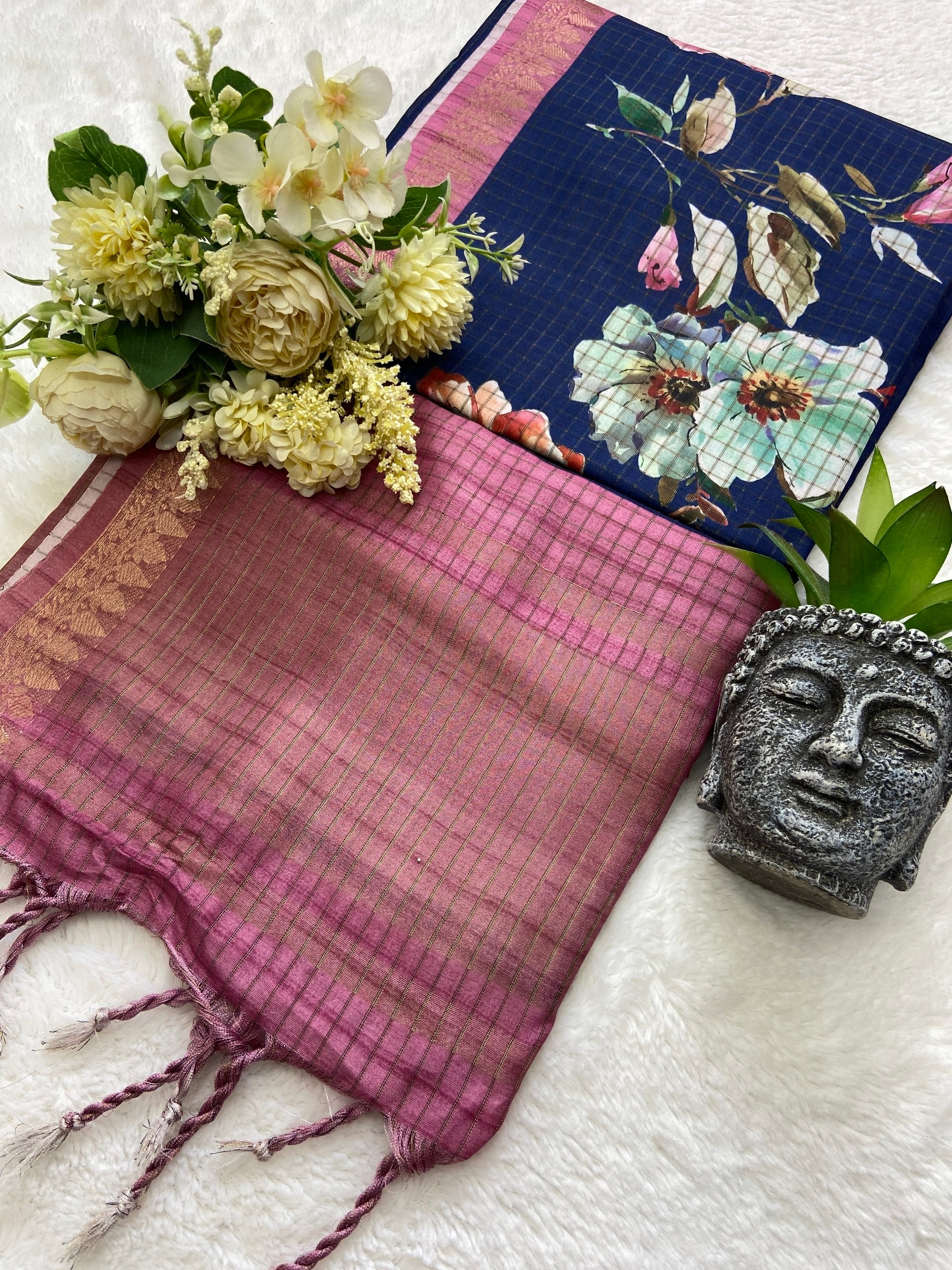 Nayantara Navy-Pink Floral Print Soft Tussar Silk Saree