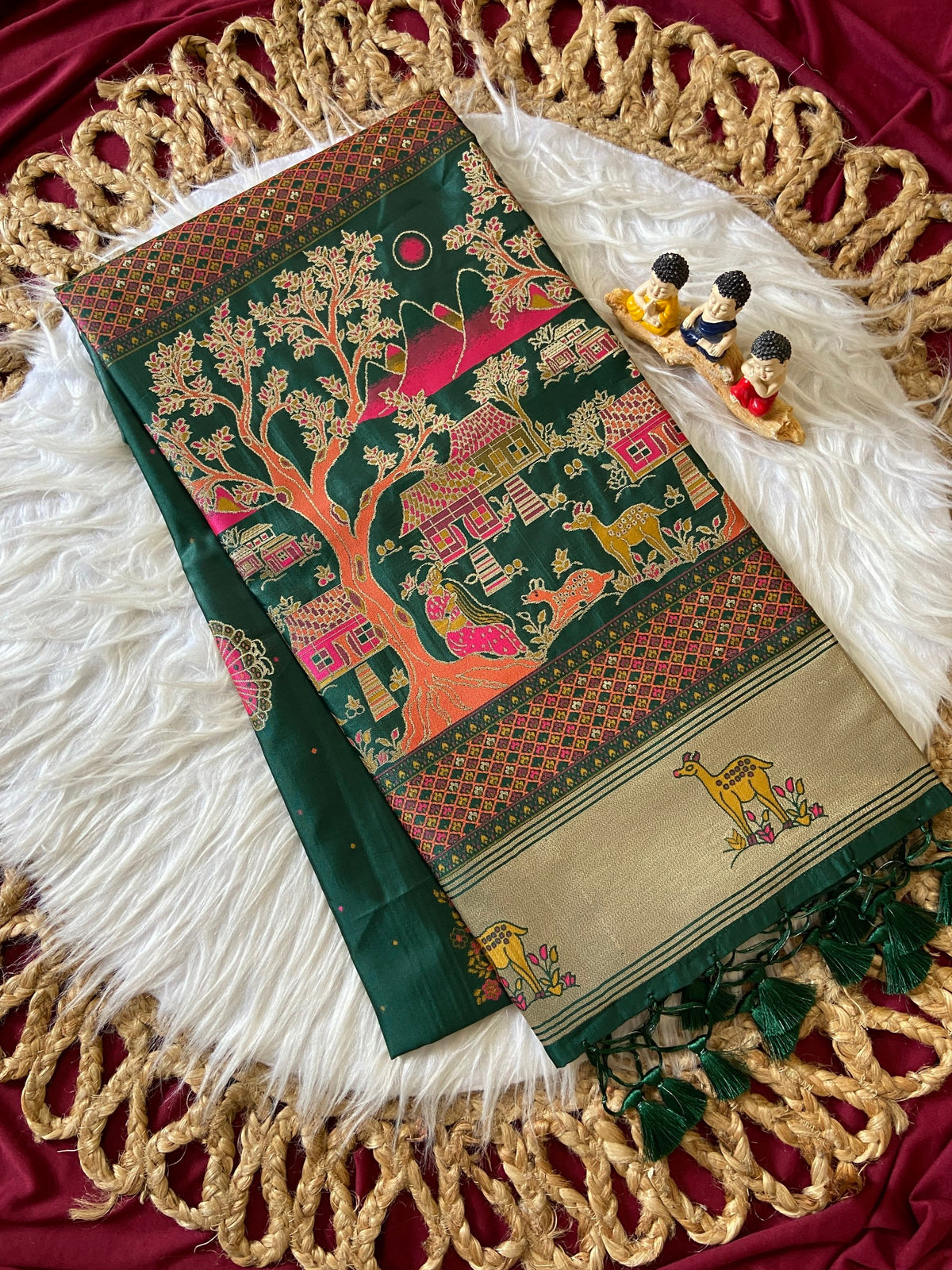 Vrindavan Emerald Green - Premium Woven Zari Soft Pashmina Silk Saree