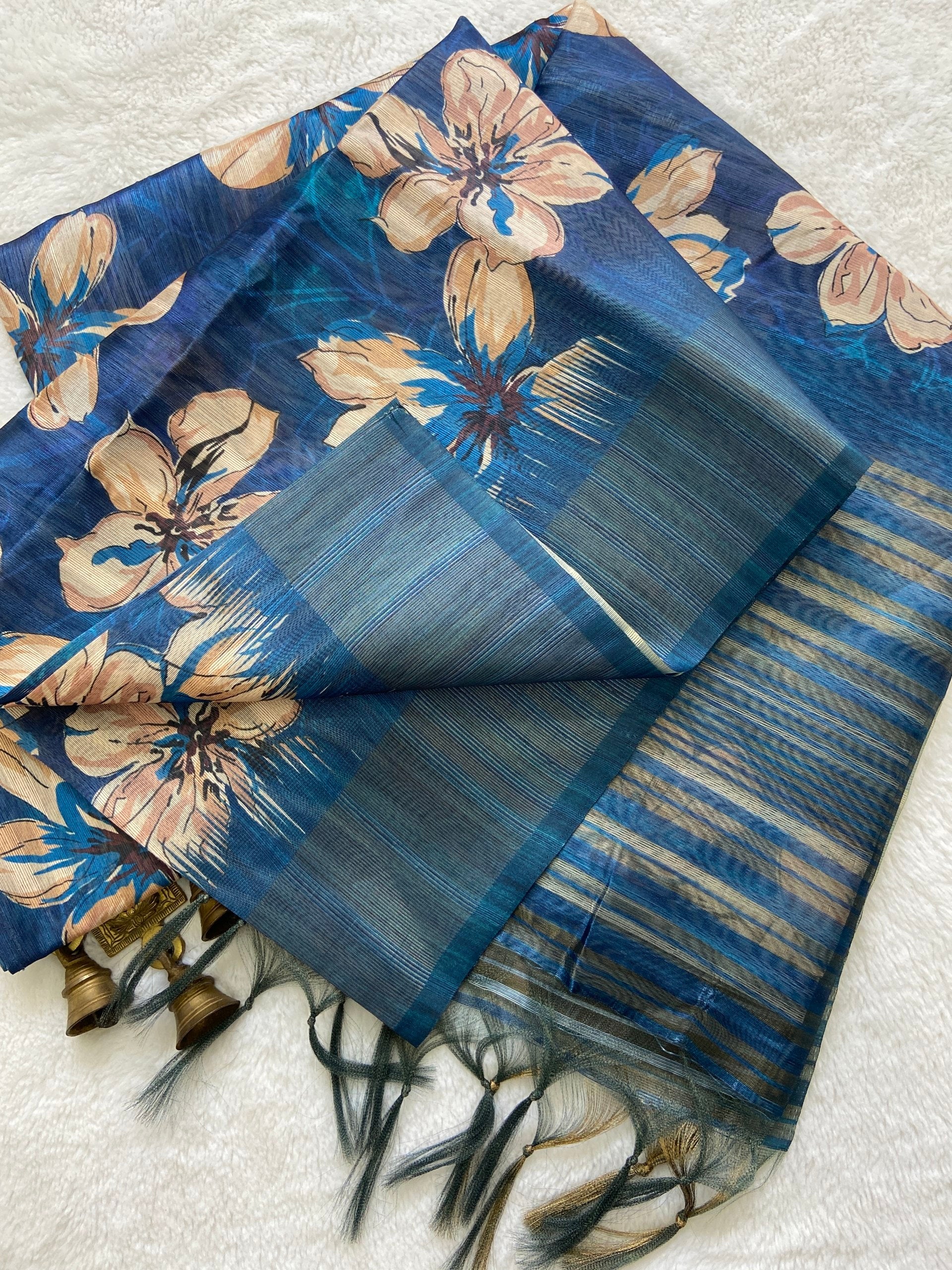 Marvelous Royal Blue Floral Prints Soft Tussar Silk Saree with Tassel Pallu
