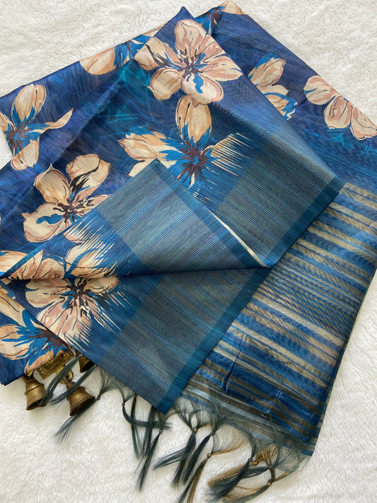 Marvelous Royal Blue Floral Prints Soft Tussar Silk Saree with Tassel Pallu