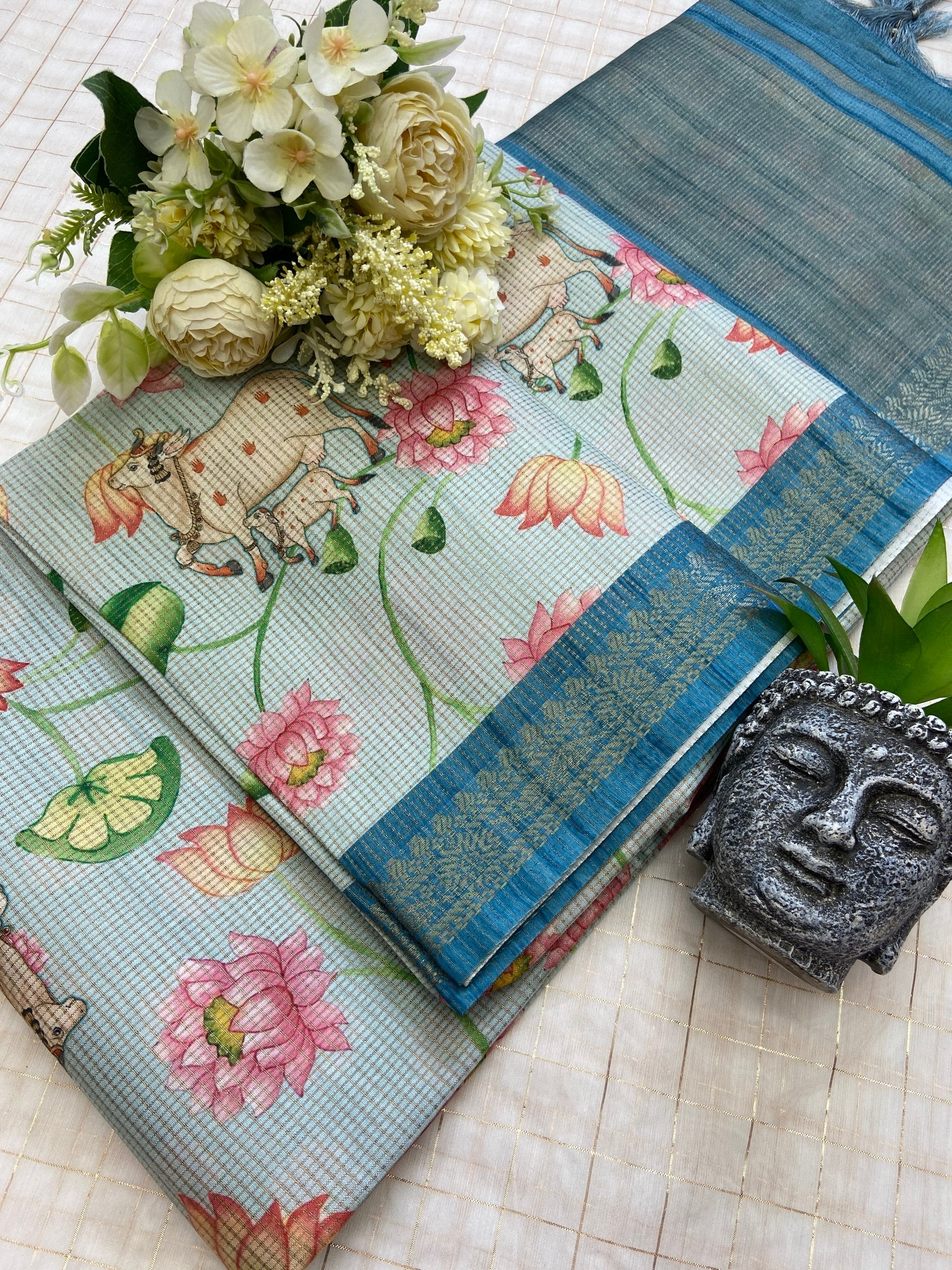 Samaira - Sky Blue Pichwai Print Soft Tussar Silk Saree