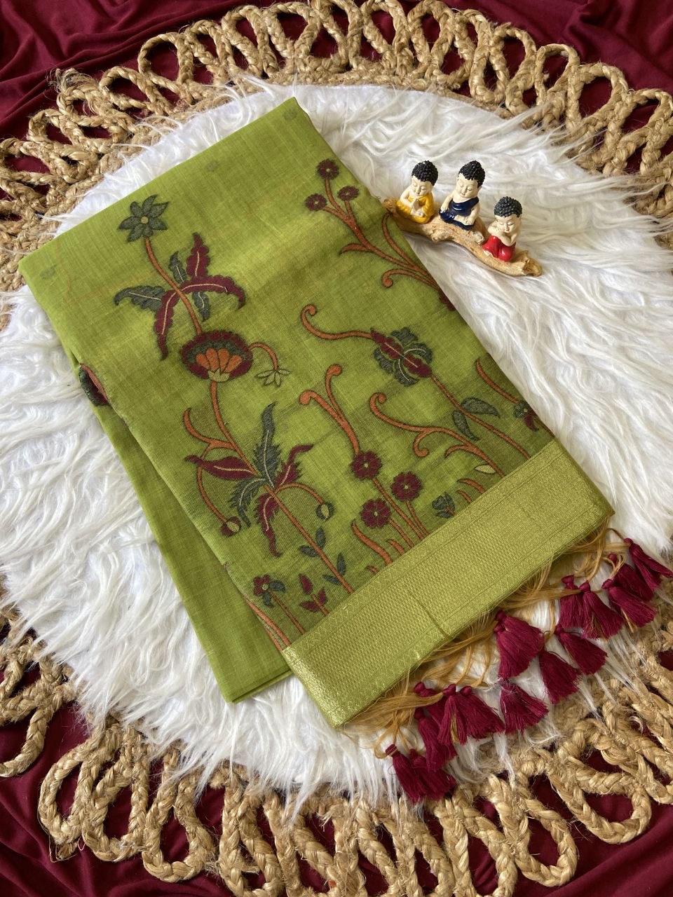 Dharma - Parrot Green Resham Woven Soft Muga Cotton Saree