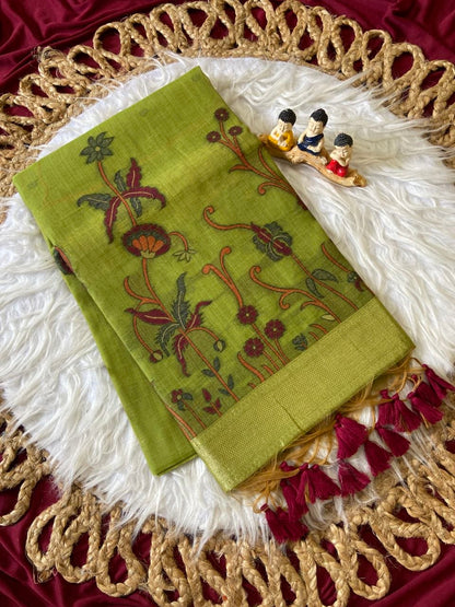 Dharma - Parrot Green Resham Woven Soft Muga Cotton Saree