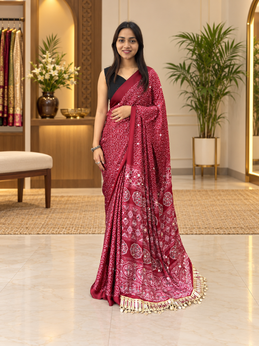 Classic Maroon Premium Gajji Silk Saree with Exquisite Mirror Work & Tassels