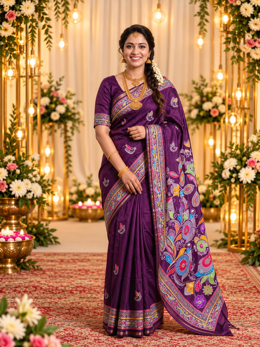 Deep Violet Soft Tussar Silk Saree with Madhubani Style Pallu