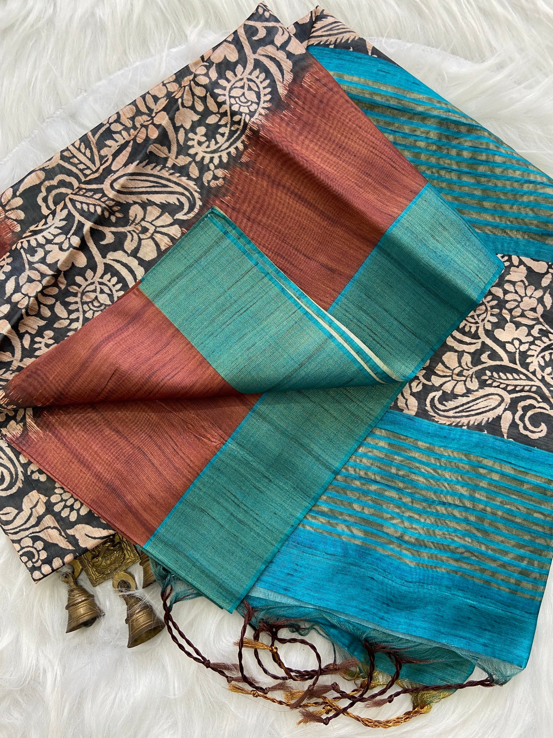 Elegant Tarang Brown Soft Tussar Silk Saree with Kalamkari Block Prints