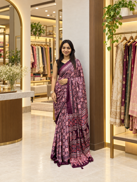 Aarohi Plum Ajrakh Printed Japan Silk Saree with Elegant Pallu